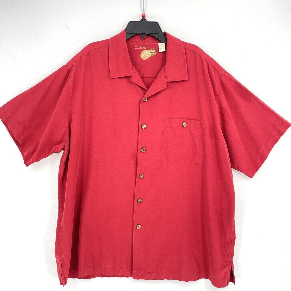 Caribbean Men's s XL Silk Blend Button Down Shirt Red Short Sleeves Embroidered